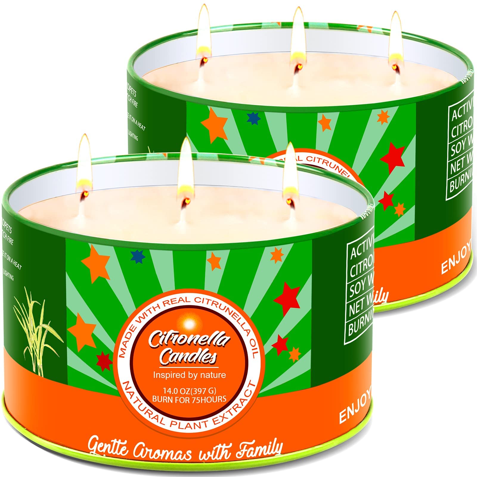 Citronella Candles Outdoor Large, 2 x 14oz 3-Wick Natural Soy Scented Jar Candles Bulk 150 Hours Burning for Home Garden Patio Yard Balcony Camping BBQ
