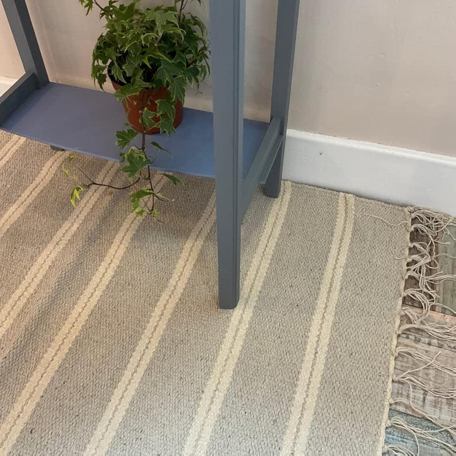 Second Nature Online Varca Medium Rug Pale Grey Beige with Off White Stripe Flat Weave Style with Soft Recycled Yarn 90 cm x 150 cm