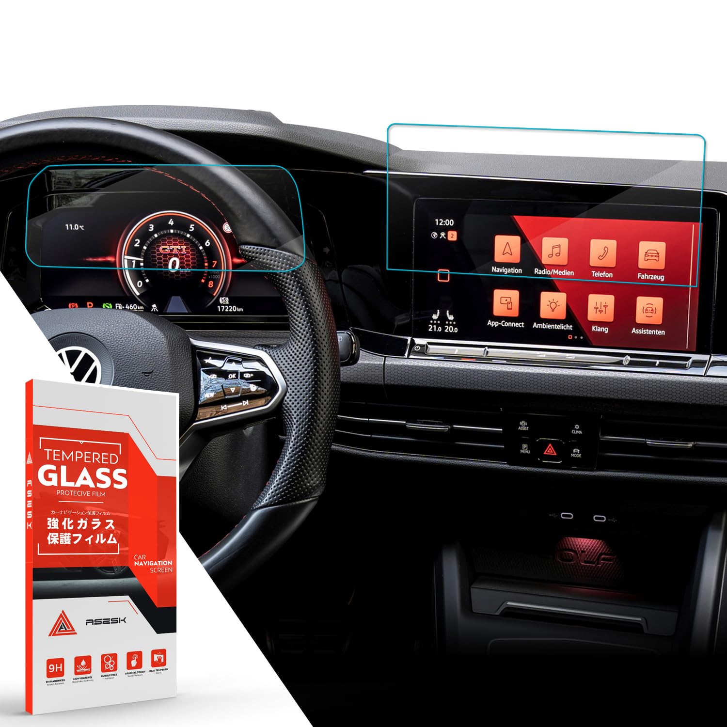 ASZSK Pack of 2 Screen Protectors for V W Golf 8 MK8 GTI GTD GTE 2020-2023 2024, Navigation and Instrument Panel Tempered Glass Screen Protector, Golf 8 Accessories