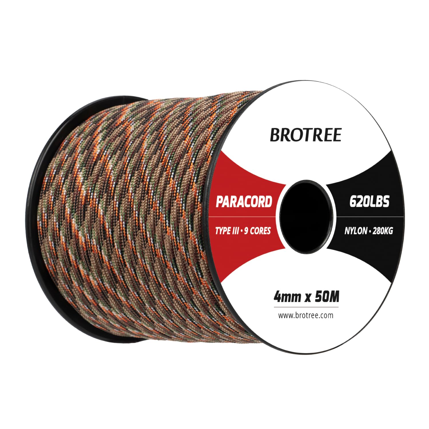 Brotree Paracord 4mm 50M 9 Strands 100% Nylon Rope Type 3 Parachute Cord for Outdoor, Bracelet, DIY - 280kg Breaking Load (Hidden Camo)