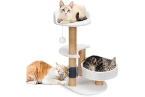 Hollypet Cat Tree Tower for Indoor Cats, Small Cat Tree, 26.9in Cute Cat Tree, Cat Tree Scratching Post, Feature with Cozy Perch, Cat Self Groomer and Dangling Ball for Kitten and Small Cats | White