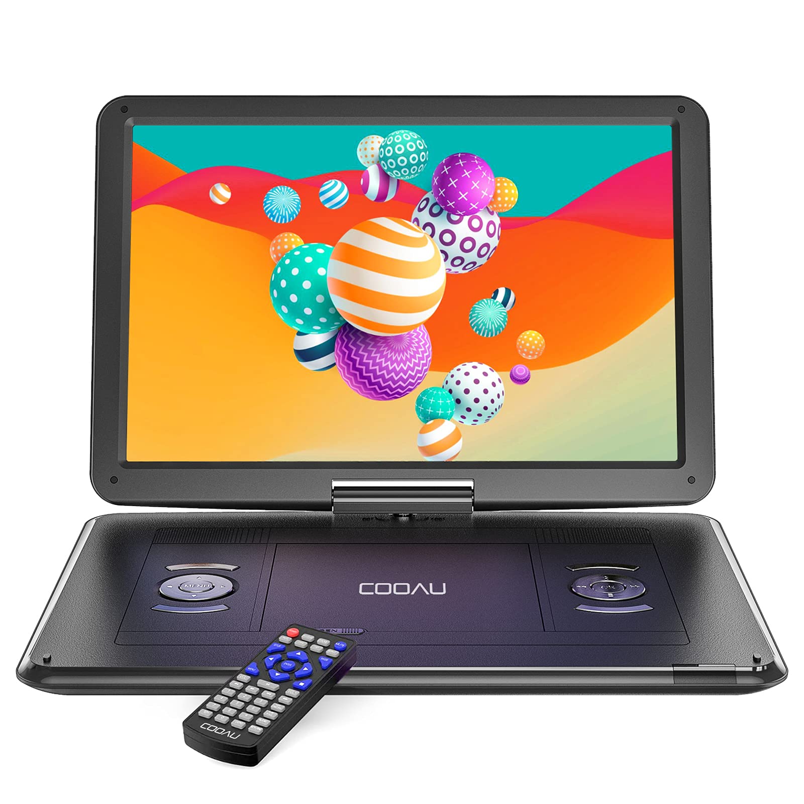 COOAU 17.5'' Portable DVD Player with 15.6" Large Swivel Screen, 6 Hrs Long Lasting Built-in Battery, Region Free, Stereo Sound, with Remote Controller, SD+USB+AVin+AVout+Earphone Port, Black