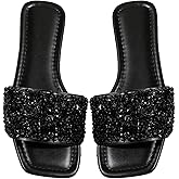 BEAUDRM Women's Glitter Jeweled Slippers Sparkly Pearls Beaded Sandals Open Toe Slide Shoes