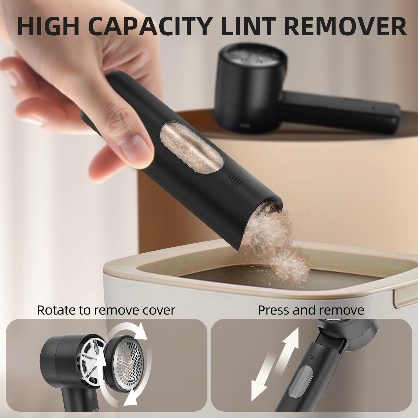 Fabric Shaver, Electric Lint Remover, Rechargeable Lint Shaver, Household Essentials for Clothes, Upholstery, Furniture, Sweater Defuzzer to Remove Pilling, Battery Operated, Black