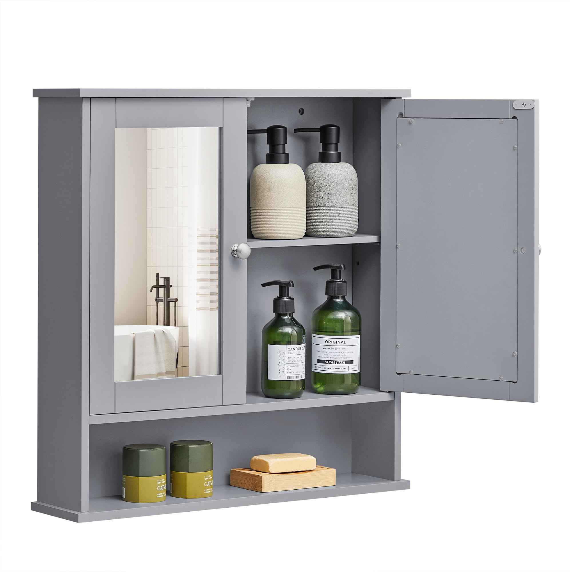 VASAGLE Bathroom Cabinet with Mirror, Wall Cabinet with 2 Mirrored Doors, Adjustable Shelf, Open Compartment, Wall-Mounted, 5.1 x 22.2 x 23 Inches, Dove Gray ULHC002G02 Image VASAGLE Bathroom Cabinet with Mirror, Wall Cabinet with 2 Mirrored Doors, Adjustable Shelf, Open Compartment, Wall-Mounted, 5.1 x 22.2 x 23 Inches, Dove Gray ULHC002G02 Image