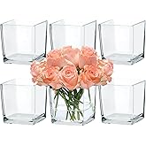 CONNOO 6 Pack Square Glass Vase 5" x 5" x 5", Clear Bulk Flower Vases for Centerpieces, Square Glass Cube Vase Floating Candle Holders for Wedding Party Home Decor
