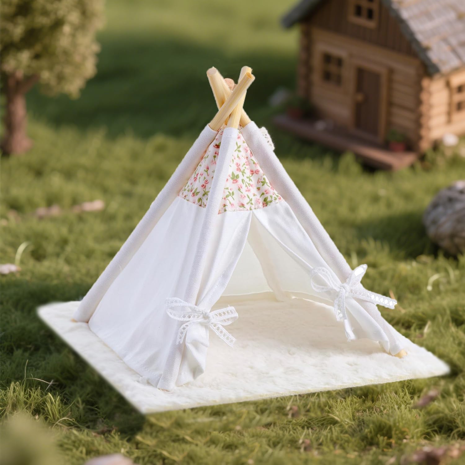 Minamzee 1:12 Dollhouse Camping Bed Tent, 1 Set Fairy Style Mini White Lace Tent with Carpet, Miniature Outdoor Furniture Accessories for Bedroom,Patio and Garden — image 1