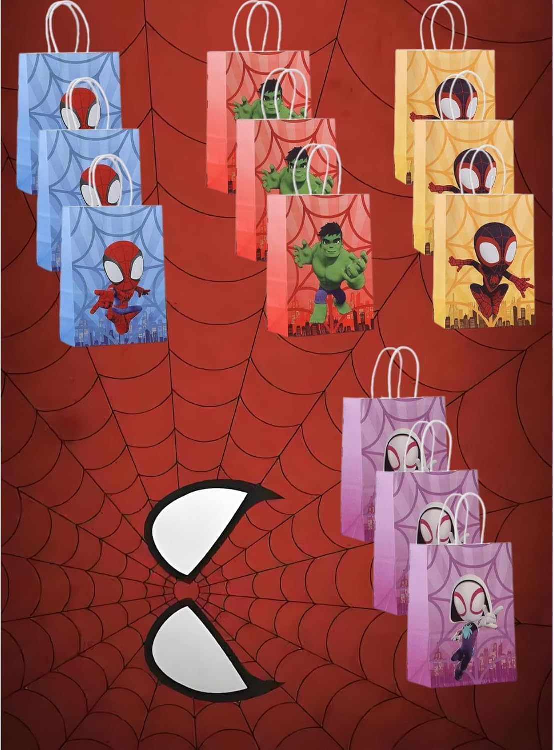 Photo 1 of 12 PCS of spidey-themed party gift bags. Made of kraft paper and equipped with handles, they are perfect for holding candies, snacks, etc. They are suitable for various festivals and birthday parties.
