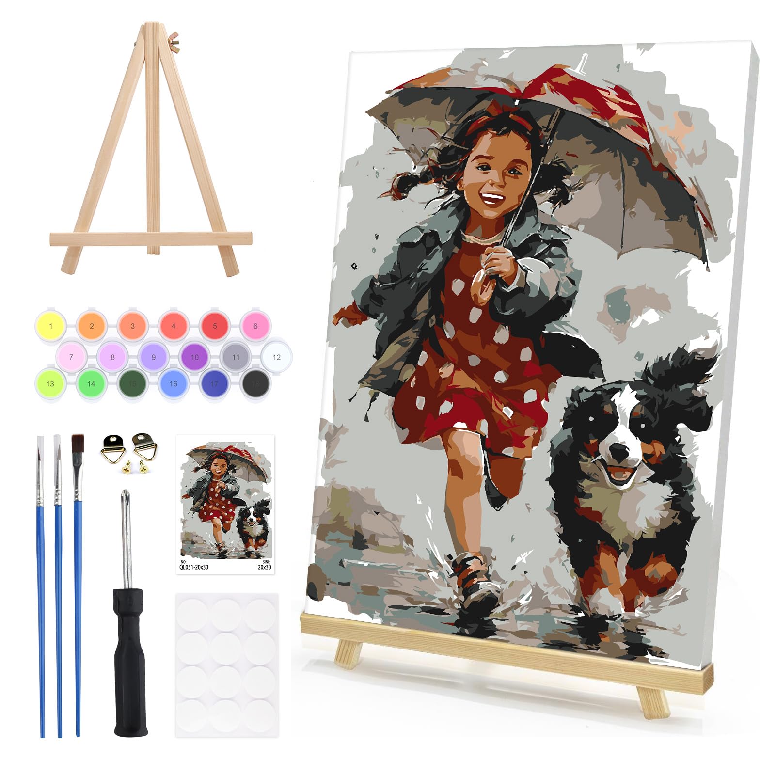 DAERLE Paint by Numbers for Adults Framed with Wooden Easel, Cute Girl with an Umbrella, Paint by Number Kits with Brushes, Running in the Rain, Oil Painting Canvas Kits for Home Wall Decor 8X12 Inch