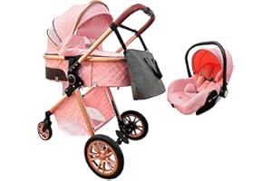 Zkiprm 3 in 1 Stroller, Infant Stroller with Automobile Seat, Portable Baby Stroller, One-Click Folding, Combination Stroller Landscape High Aluminum Frame (Pink Two)
