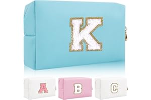 IQIMOTT Personalized Initial Letter Patch Makeup Bag, Preppy Portable Chenille Letter Cosmetic Bag with Zipper, PU Leather Waterproof Travel Toiletry Bag Monogram Make Up Pouch for Women Girls(Letter K)