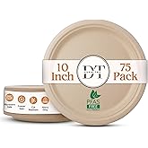 Dura-Tru Heavy Duty Eco-Friendly PFAS-free Compostable Plates, Disposable Plates - Sugarcane Party Plates | 100% Bagasse Biodegradable (75, Natural, 10")
