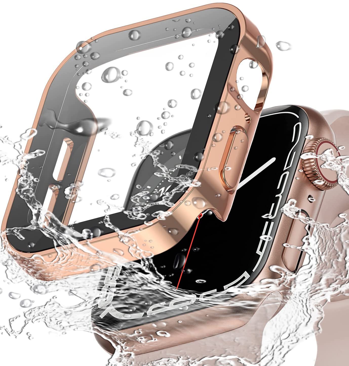 Miimall Waterproof Tempered Glass Case Compatible with Apple Watch Series 8/Series 7 41mm, PC Screen Protector Shell All-Around Protection Plating Frame Film Case For iWatch 41mm-Rosegold