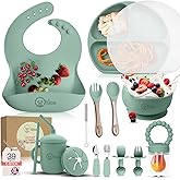 O'doe 17-Piece BPA-Free Silicone Baby Feeding Set | Thick & Soft Suction Plates, Baby Bowls, Wooden Fork & Spoon, and More | Make Mealtime Fun and Easy for Your Little One (Green, V2)