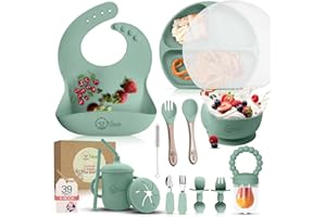 O'doe 17-Piece BPA-Free Silicone Baby Feeding Set | Thick & Soft Suction Plates, Baby Bowls, Wooden Fork & Spoon, and More | Make Mealtime Fun and Easy for Your Little One (Green, V2)