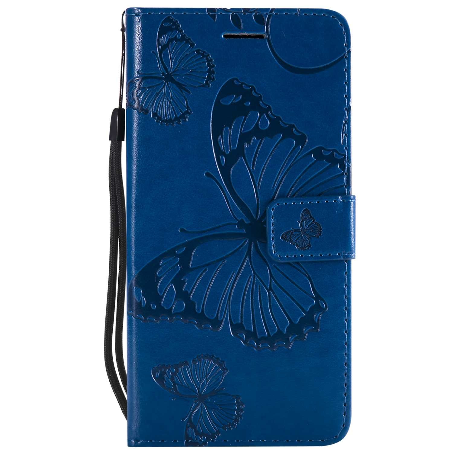 DENDICO Wallet Case for Moto C, Flip Leather Case with Card Slots and Stand Feature, Butterfly Pattern Design Protective Cover for Moto C - Blue