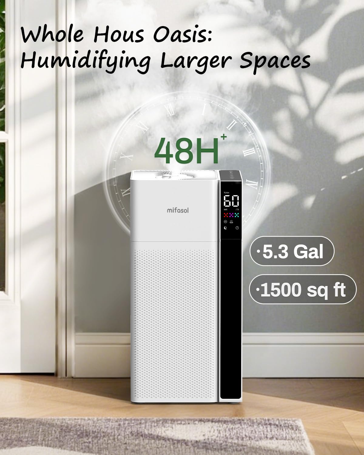 mifasol Humidifier Large Room, 5.3Gal/20L Whloe House Humidifiers for Home, Quickly & Evenly Humidify Larger Areas,Dual Mist Nozzles and Atomizers, Plant/Commercial/Greenhouse/Office, White
