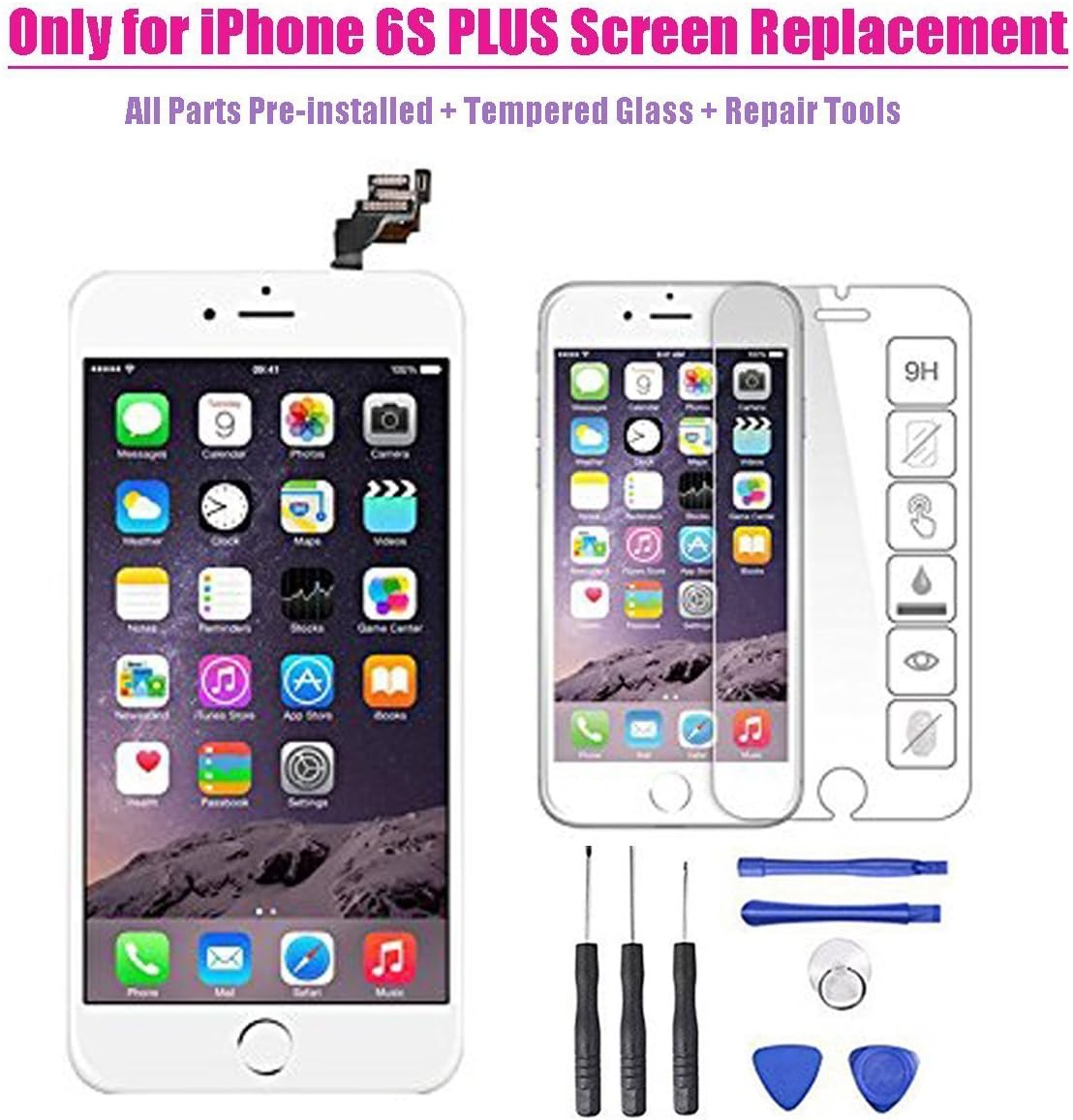 for iPhone 6s Plus LCD Display Screen Touch Digitizer Full Assembly Replacement with 3D Touch Panel, Home Button, Front Camera, Ear Speaker, Repair Tools, Screen Protector(6s Plus-White)