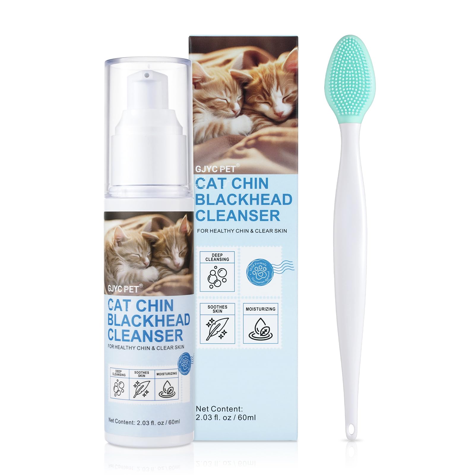 GJYC PET Cat Acne Cream & Cat Acne Brush, Cat Acne Chin Care Set - Gently Removes Cat Chin Blackheads, Nourishes Cat Chin Softness and Freshness, 60 ml