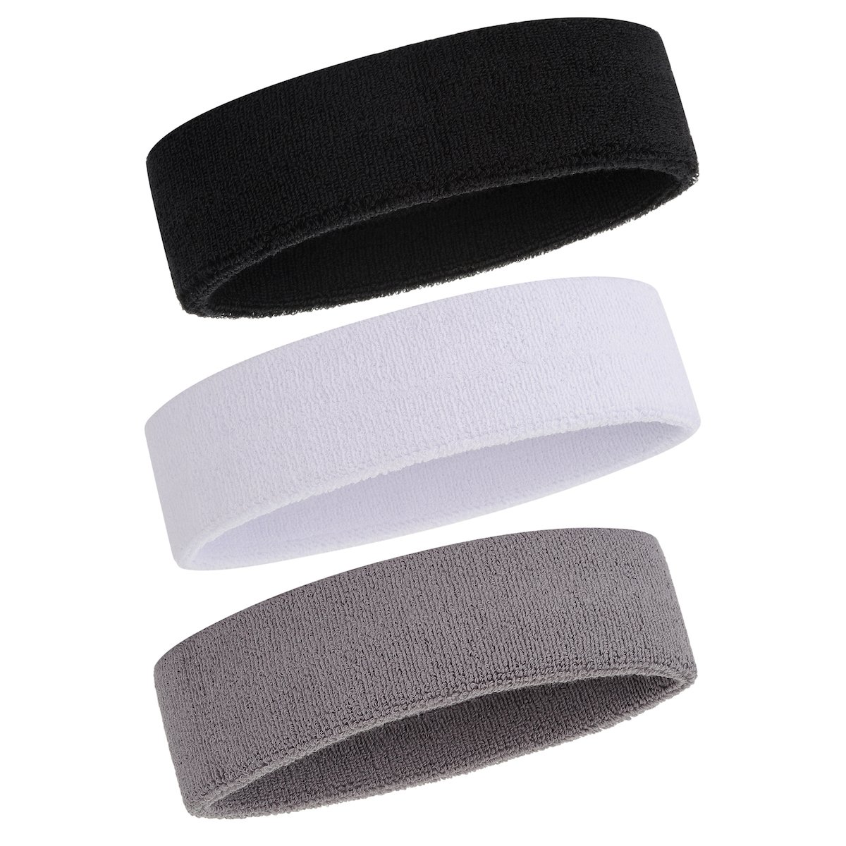 ONUPGO Sweatband Headband for Men & Women - 3PCS Sports Headbands Moisture Wicking Athletic Cotton Terry Cloth Sweatband Sweat Absorbing Head Band 3 Black/Grey/White — image 1