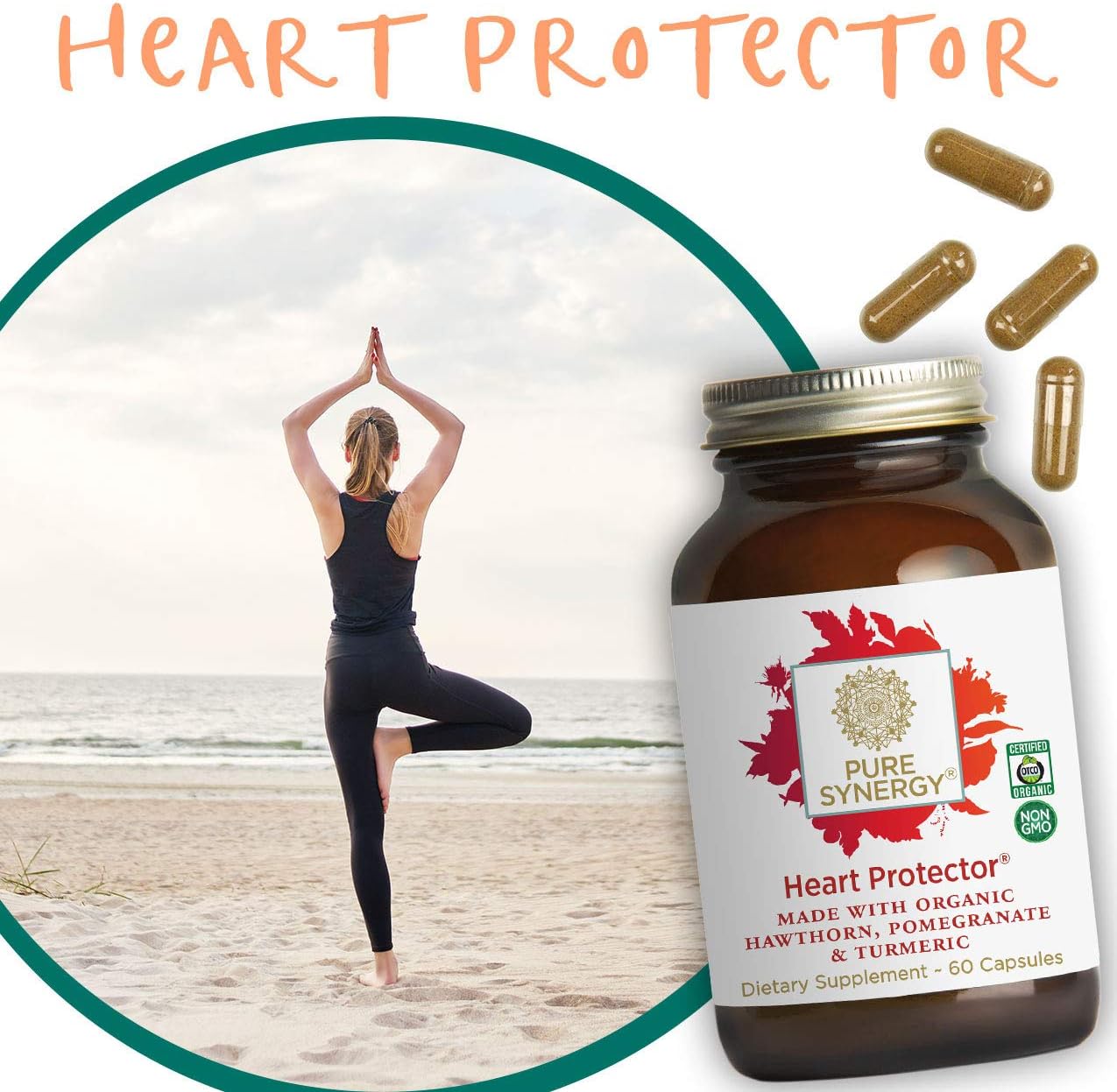 Pure Synergy Organic Heart Protector (60 Capsules) Complete Heart Supplement w/ Hawthorn, Curcumin, Nattokinase: Health & Personal Care
