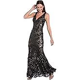 R&M Richards Women's Elegant Sequin V-Neck Formal Gown - Sleeveless Beaded Mesh Long Dress Evening Party Cocktail