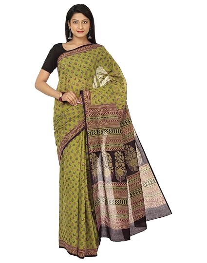 Finest Quality Cotton - Handmade Petal Green, Maroon and Black Booti - Bagh Block Print Saree with Blouse Piece