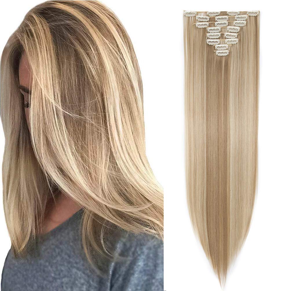 26" Long Straight Clip in Hair Extensions Full Head 8Pcs 18Clips Ombre Colorful Synthetic Hair Clip in Hairpiece Sandy Blonde mix Bleach Blonde