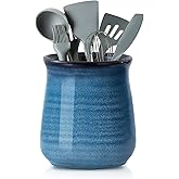HASENSE Extra Large Utensil Holder Crock for Kitchen Counter - 7.1” x 5.9” Vintage Farmhouse Blue Ceramic Caddy Utensil Organizer and Rustic Table Decor for Spatulas, Spoons, and Other Cooking Tools