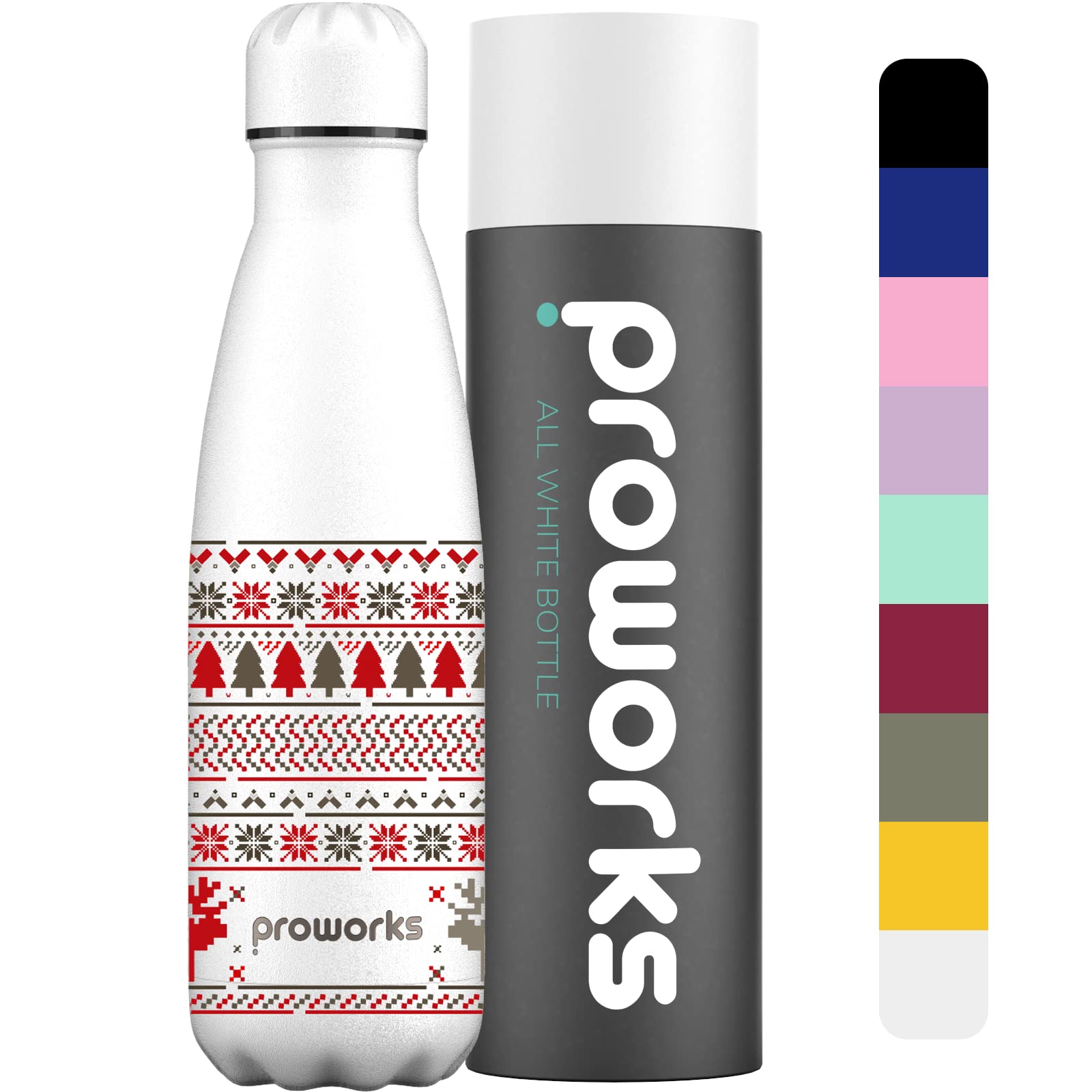 PROWORKS Insulated Water Bottle, BPA-Free, Reusable Stainless Steel Bottle for 12 Hours Hot & Cold Hold Up to 24 Hours, Sport, Gym, Travel 750 ml – All White – Fair Isle Christmas