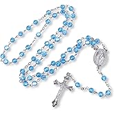 Nazareth Store Light Blue Aquamarine Beads Rosary Necklace Crystallized Communion Rosary with Miraculous Medal & Jesus Cross