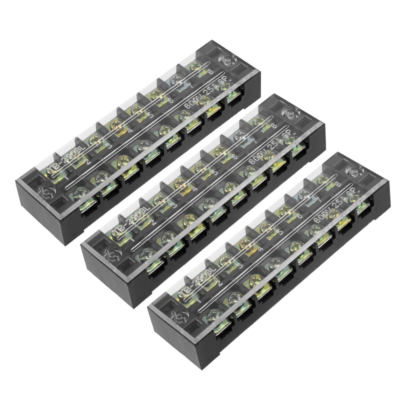 Rebower 8 Positions Dual Rows 600V 25A Terminal Strip Blocks Barrier Screws (with Cover), [for Wires Connecting, Electronic Circuits] - 3 Pack/Black/TB-2508L