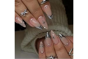 NBNTGH Silver Press on Nails Medium Almond Fake Nails Nude Glossy False Nails with Design Shiny Rhinestone Glue on Nails Reusable Artificial Acrylic Full Cover Star Stick on Nails for Women Manicure 24Pcs