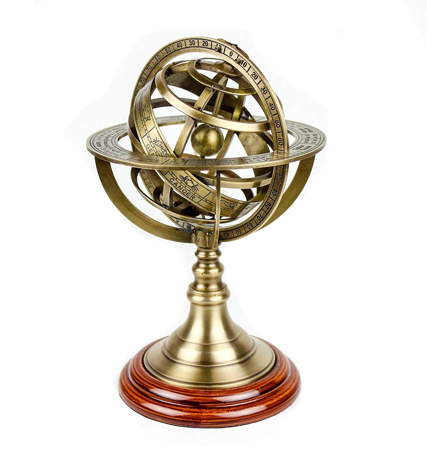 Antique Vintage 9" Armillary Brass Sphere Globe Wooden Base Display | Pirate's Antique Ship Table Decor Gift
