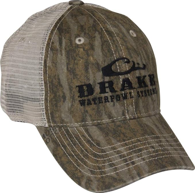 Drake Waterfowl Hunting Camo Duck Head Logo Mesh Back Cap, Mossy Oak Bottomland One Size Fits