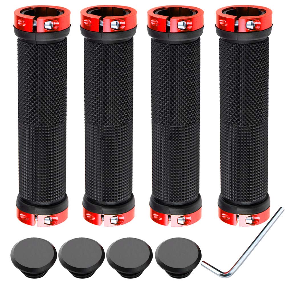 QitinDasen 2 Pairs Bike Handlebar Grips, Non-Slip Rubber Bicycle Handle Grips with Aluminum Double Lock, Bike Handle Protector for MTB BMX (Red)