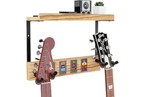 Miratino Guitar Wall Mount with 2 Rotatable Rubber Hooks, Wood Guitar Wall Hanger with Storage Shelf and Leather Pick Holder, Guitar Holder Wall Mount for Acoustic Electric Guitar, Ukulele, Bass