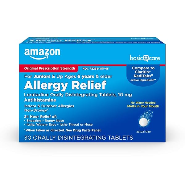 AMAZON BASIC CARE 24-HOUR CHILDREN ALLERGY MEDICINE, LORATADINE ORALLY DISINTEGRATING TABLETS, 10 MG, ANTIHISTAMINE, AGES 6+, 30 COUNT