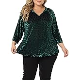 Agnes Orinda Plus Size Vintage Velvet Tops for Women Sheer Mesh V Neck 3/4 Sleeve Elegant Christmas Blouses