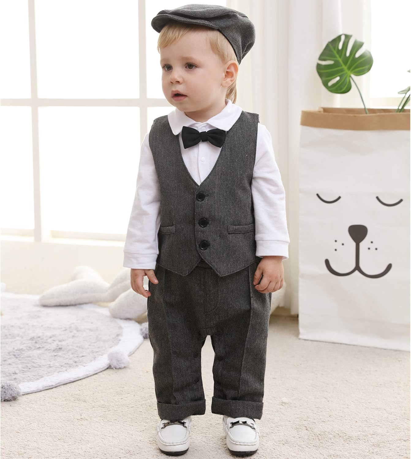 Caretoo Ensemble Costume Cravate Enfant Bebe Garcon 3 Pcs Barboteuse Chapeau Vetements Mariage Fete Ceremonie Gilet Bebe Garcon 0 24m Vetements Bhattbros Com