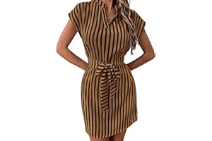 Women's 2026 Summer Dress Short Sleeve Striped Tie Waist Work Short Dresses Fashion Elegant Work V Neck Sundress