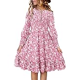 Yoklass Girls Smocked Dress Casual Puff Long Sleeve Ruffle Neck Dresses 4-13 Years