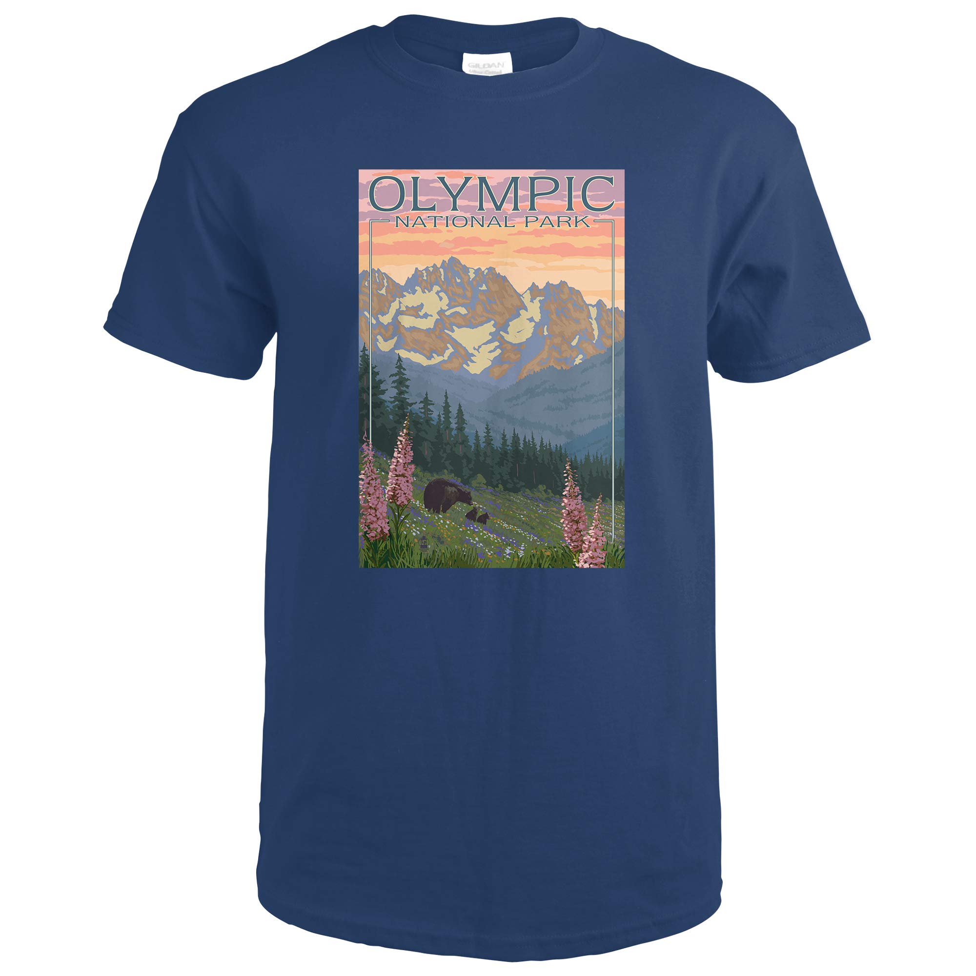 Olympic National Park, Washington - Bear And Cubs With Flowers 11266 (navy Blue T-shirt )