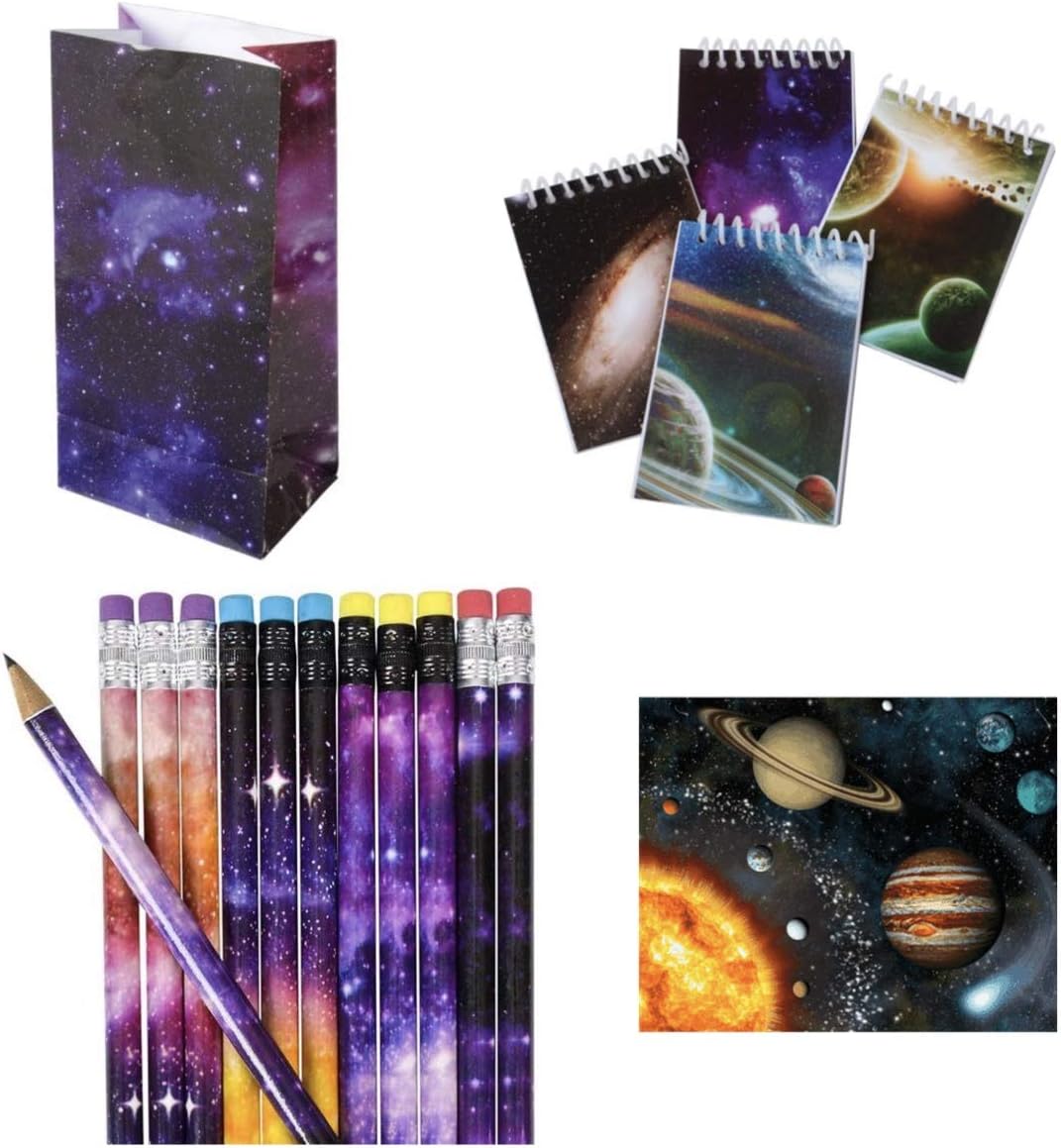 Just4fun - Cool Galaxy - Outer Space Party Favors for 12, 24 or 36 - Pencils - Mini NOTEBOOKS - Goody Bags & Stickers - Science - Planet Solar System Classroom Teacher Rewards Science (48 pc)