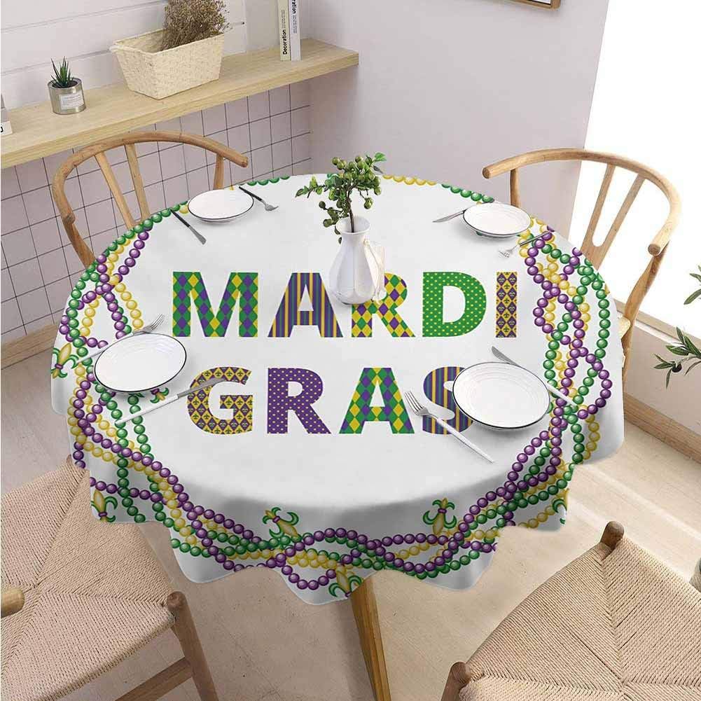 DILITECK Mardi Gras Microfiber Round Tablecloth Vivid Beads Circular Frame with Lettering Traditional Patterns Print Round Table Diameter 54" Purple Green Yellow