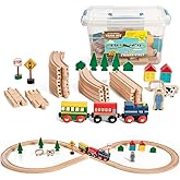 On Track USA Wooden Train Set 35 Piece All in One Wooden Toy Train Tracks Set with Magnetic Trains and Railway Accessories, C