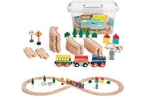 On Track USA Wooden Train Set 35 Piece All in One Wooden Toy Train Tracks Set with Magnetic Trains and Railway Accessories, Comes in A Clear Container, Compatible with All Major Brands
