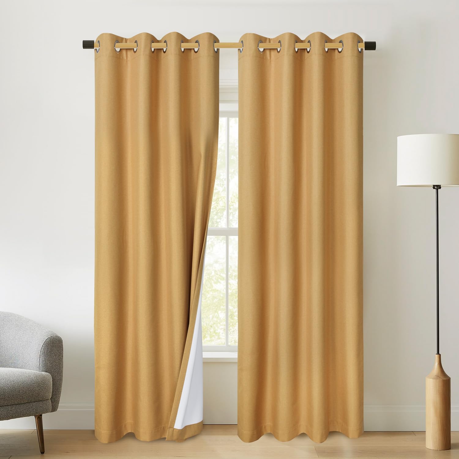 Chlophy Blackout Curtains Mustard Yellow Ochre for Bedroom Thermal 66×54IN Linen Faux Textured Lined Eyelet Short Light Taupe Nursery Boys Living Room Darkening Insulated 2 Panels Window Curtain