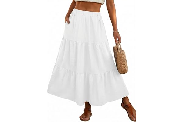 PrinStory Summer Maxi Skirt for Women Flowy Tiered Boho A Line Long Skirts Beach Vacation Wear with Pockets XS-2XL