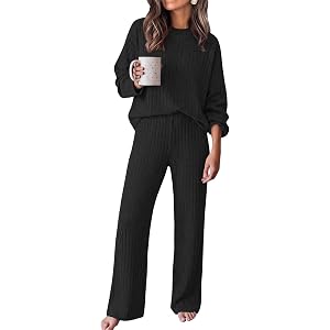 Ekouaer Lounge Sets for Women Ribbed Long Sleeve Mock Neck 2 Piece Outfit | Ribbed Knit Fabric, Mock Neck Long Sleeve Top, Wi
